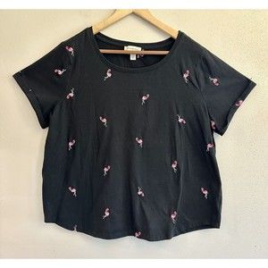 VINTAGE AMERICA Ladies Short Sleeve Black Embroidered Flamingos Tee‎ 2XL